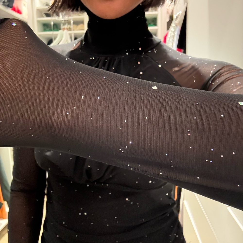 Black Sheer Mesh Sparkle Turtleneck Top - Picture 4 of 6
